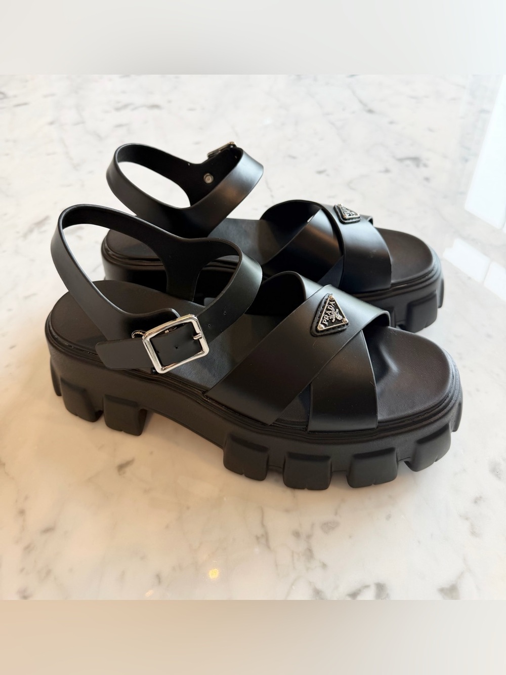 NotPrada Black Chunky Platform Monolith Strap Sandals Leather Size 39 (8)